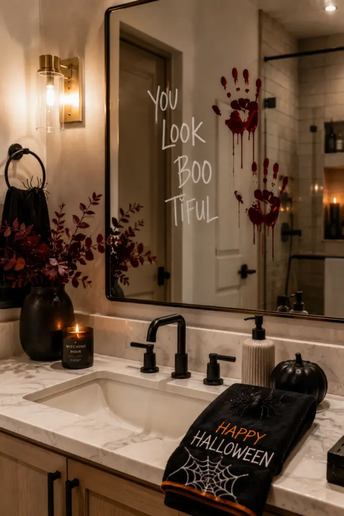 Contemporary Halloween bathroom with soap-marker mirror message, spooky red handprints, black accents, candlelight, and stylish decor.