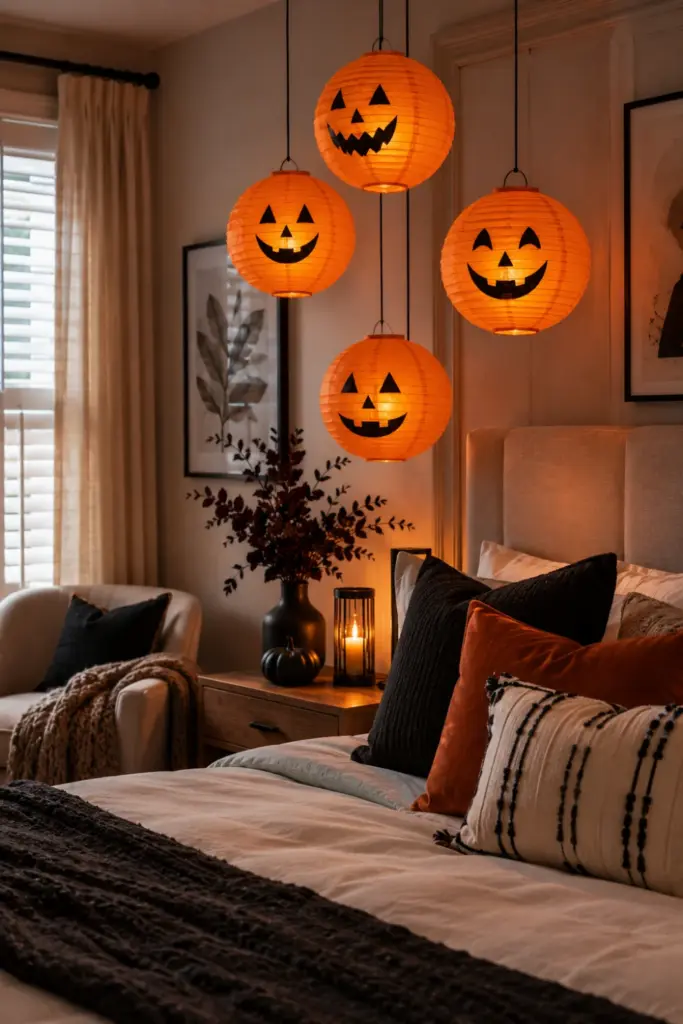 Contemporary Halloween bedroom with glowing paper jack-o-lantern lanterns, warm LED lighting, neutral bedding, and stylish 2026 seasonal decor.