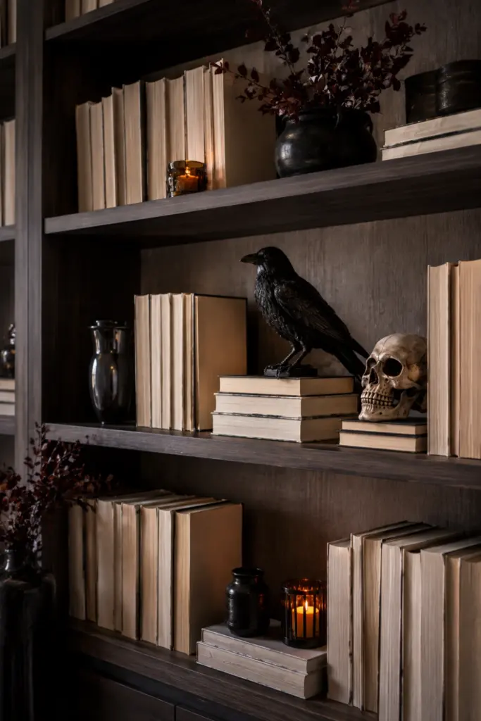 Modern Halloween bookshelf with backward-facing books, black raven, skull, LED candle, and minimalist contemporary seasonal styling.