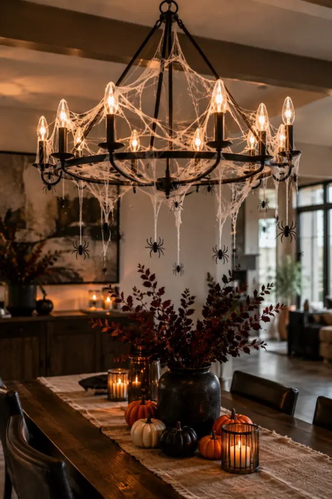 Contemporary Halloween chandelier decorated with plastic spiders and delicate faux webs, warm lighting, and modern elegant dining room styling.