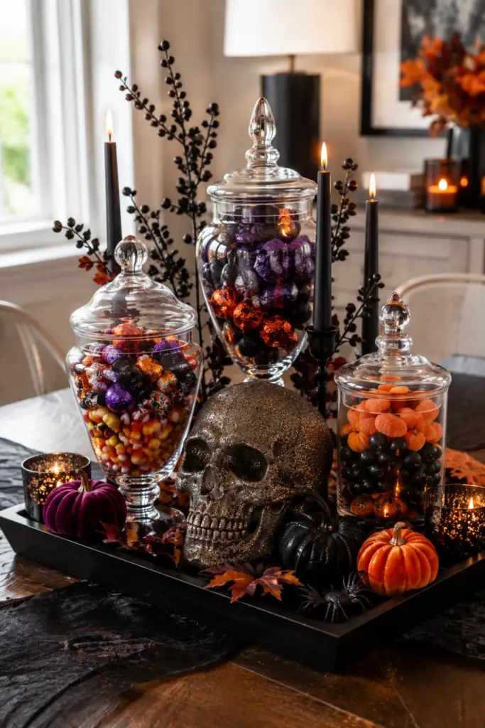 Elegant Halloween dining table centerpiece with apothecary jars, creepy candies, glitter skull, candles, and modern seasonal styling.