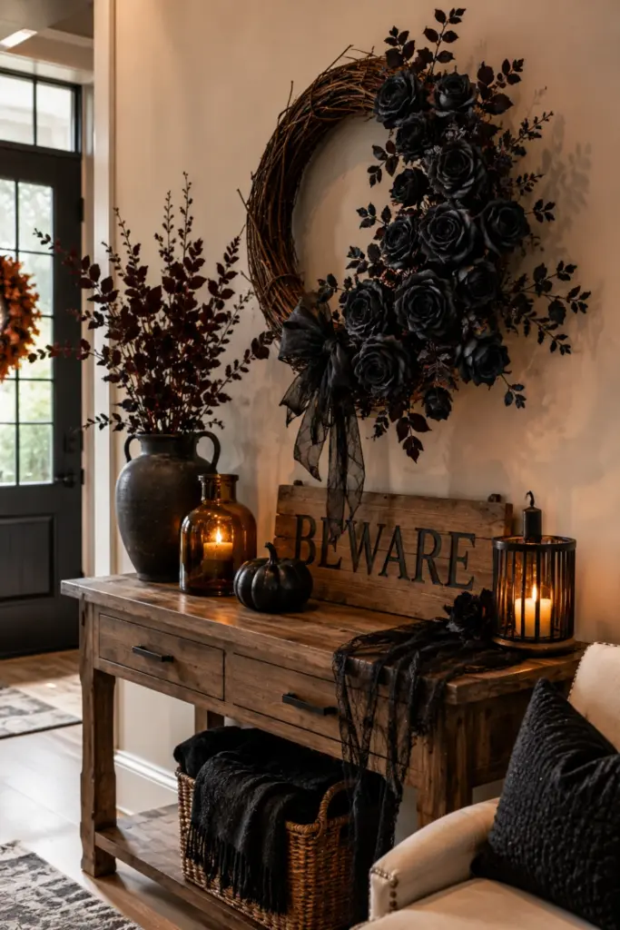Modern Halloween entryway with black rose wreath, wooden Beware sign, warm lighting, and sophisticated contemporary seasonal decor.