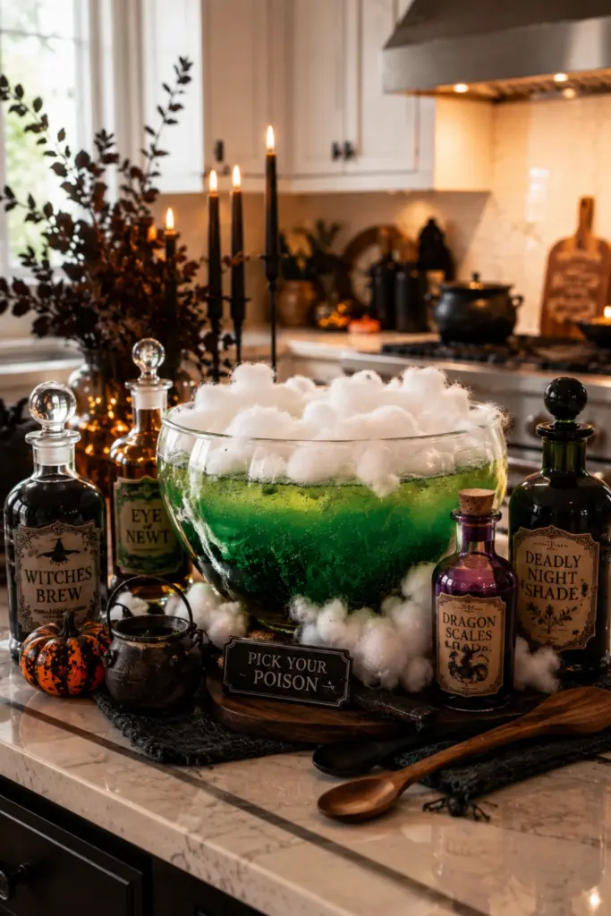 Modern Halloween kitchen potion display with glass bowl, faux mist, potion bottles, dark accents, and contemporary seasonal styling.