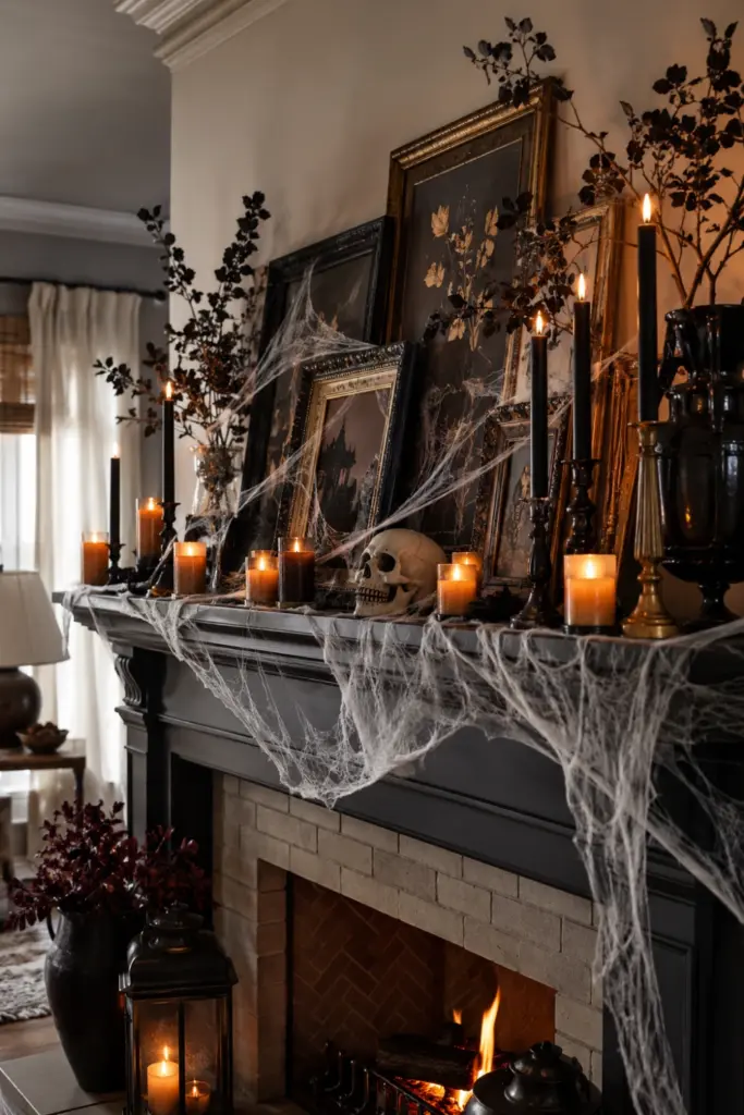 Spooky modern Halloween mantel with glowing candles, faux cobwebs, vintage frames, skull decor, and layered contemporary styling.