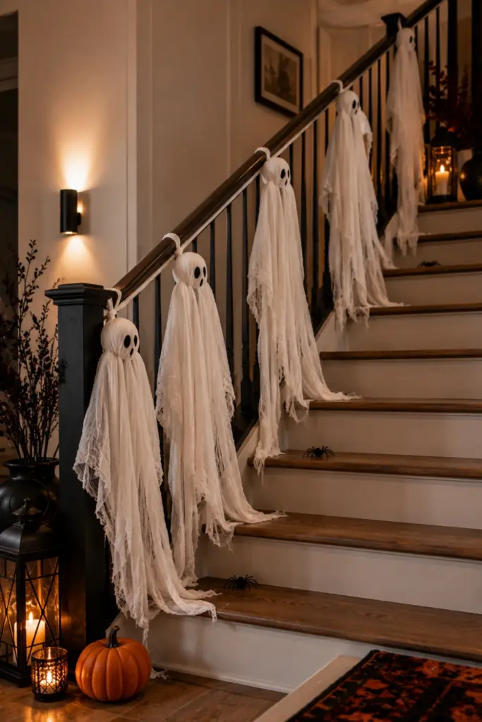 Contemporary Halloween staircase decorated with floating cheesecloth ghosts, warm lighting, black accents, and modern elegant interior styling.
