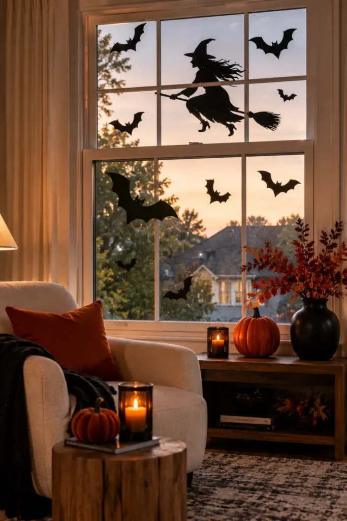 Modern Halloween window decorated with black witch and bat silhouettes, contemporary living room styling, warm lighting, and orange accents.