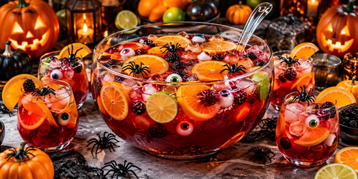 Easy Halloween jungle juice alcohol drink recipes served as a spooky red-orange party punch with citrus slices, berries, ice, gummy eyeballs, and Halloween garnishes.
