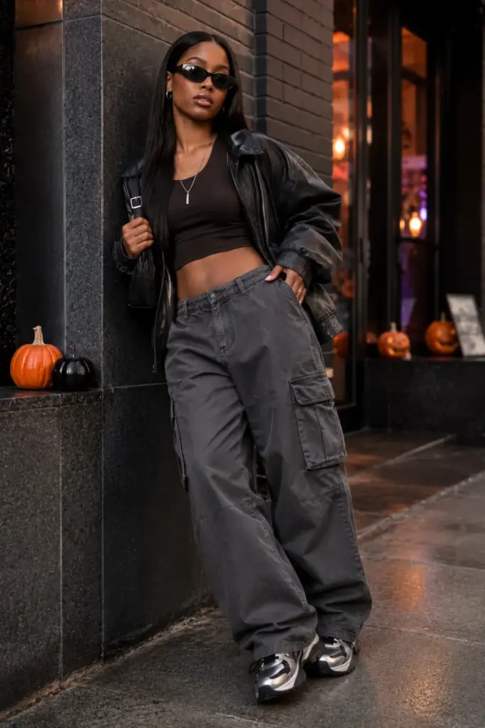 An Aaliyah-inspired Halloween outfit for a Black woman in baggy cargo pants, a fitted crop top, sunglasses, sneakers, and modern 1990s-inspired streetwear.