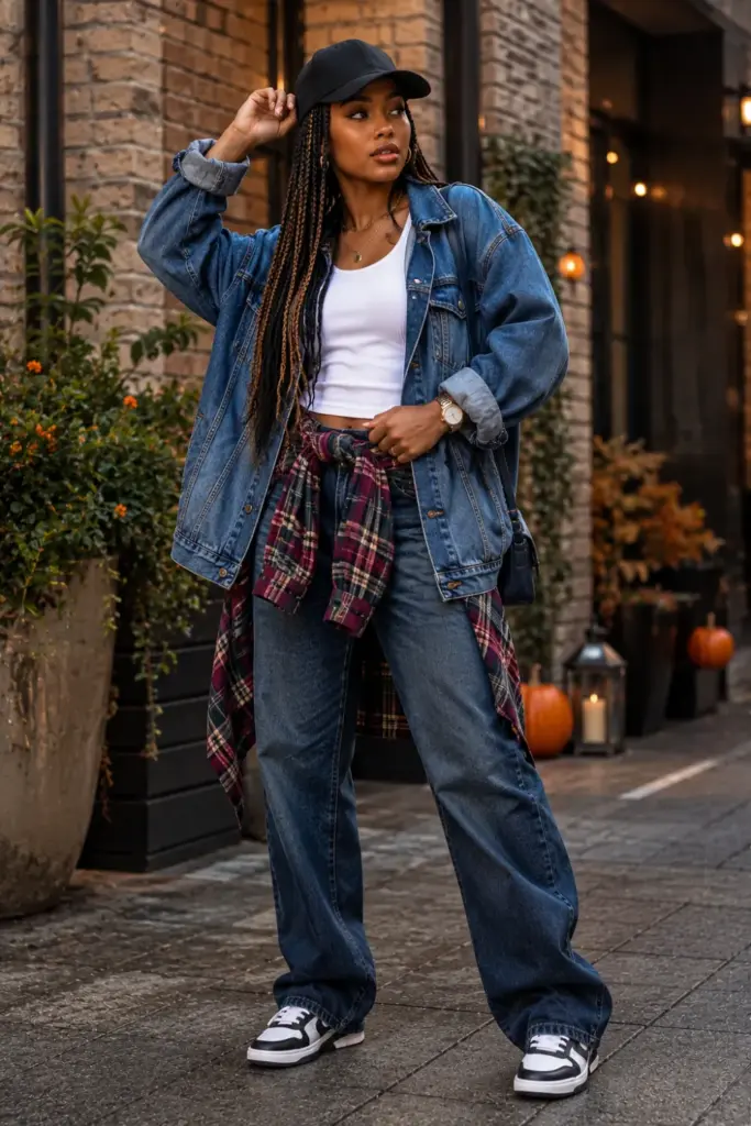 Janet Jackson Poetic Justice-inspired Halloween outfit for a Black woman wearing a denim jacket, flannel tied at the waist, a hat, relaxed pants, and modern braids.