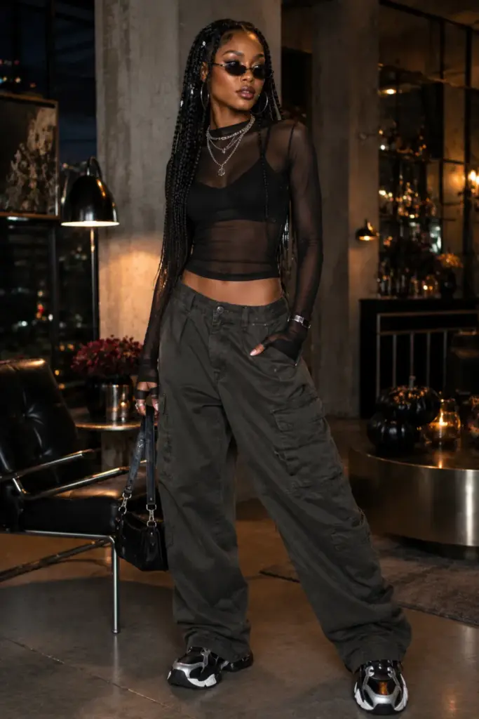 SZA Love Galore-inspired Halloween outfit for a Black woman wearing a sheer fitted top, baggy cargo pants, statement accessories, and modern street-style shoes.