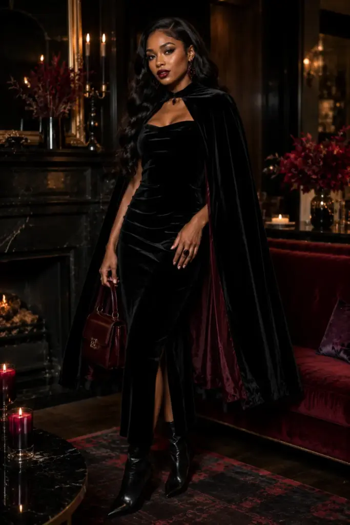 Modern vampire Halloween outfit for a Black woman in a black velvet dress, dark lipstick, boots, statement jewelry, and elegant gothic styling.