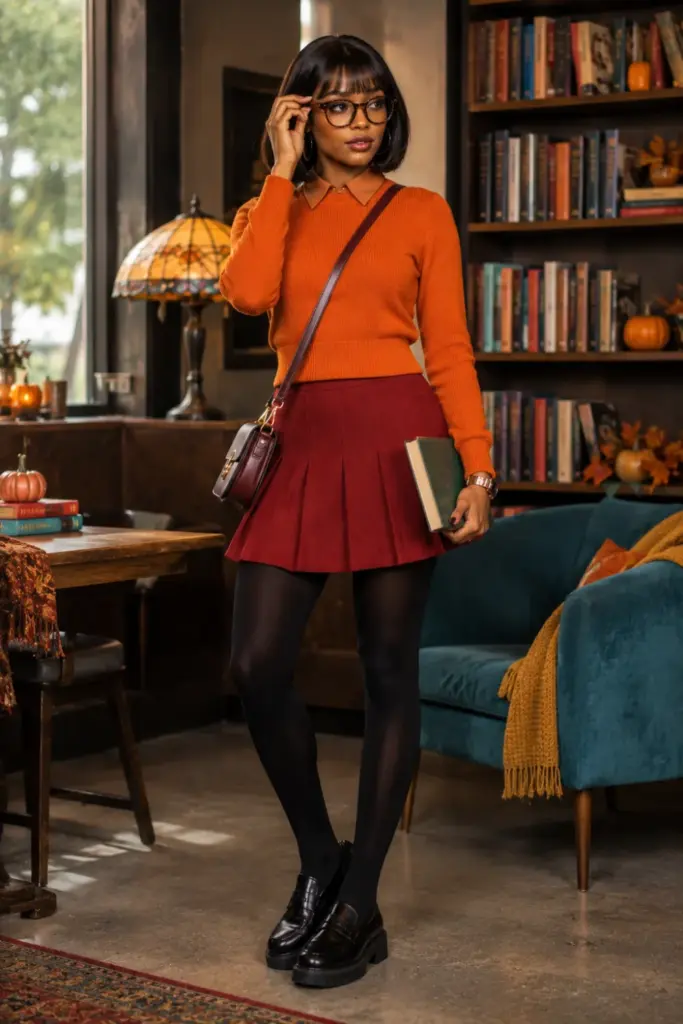 Modern Velma-inspired Halloween outfit for a Black woman in an orange sweater, red skirt, oversized glasses, bob hairstyle, and contemporary loafers.