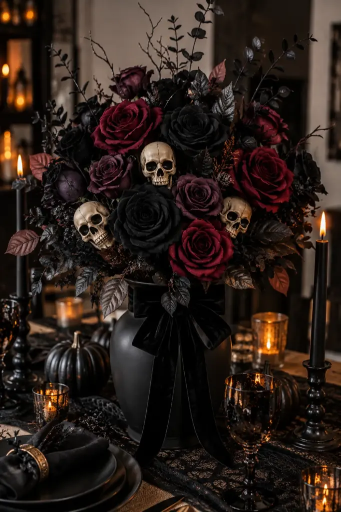 Luxurious black rose and skull Halloween centerpiece with burgundy flowers, dark foliage, velvet ribbon, and modern gothic styling.