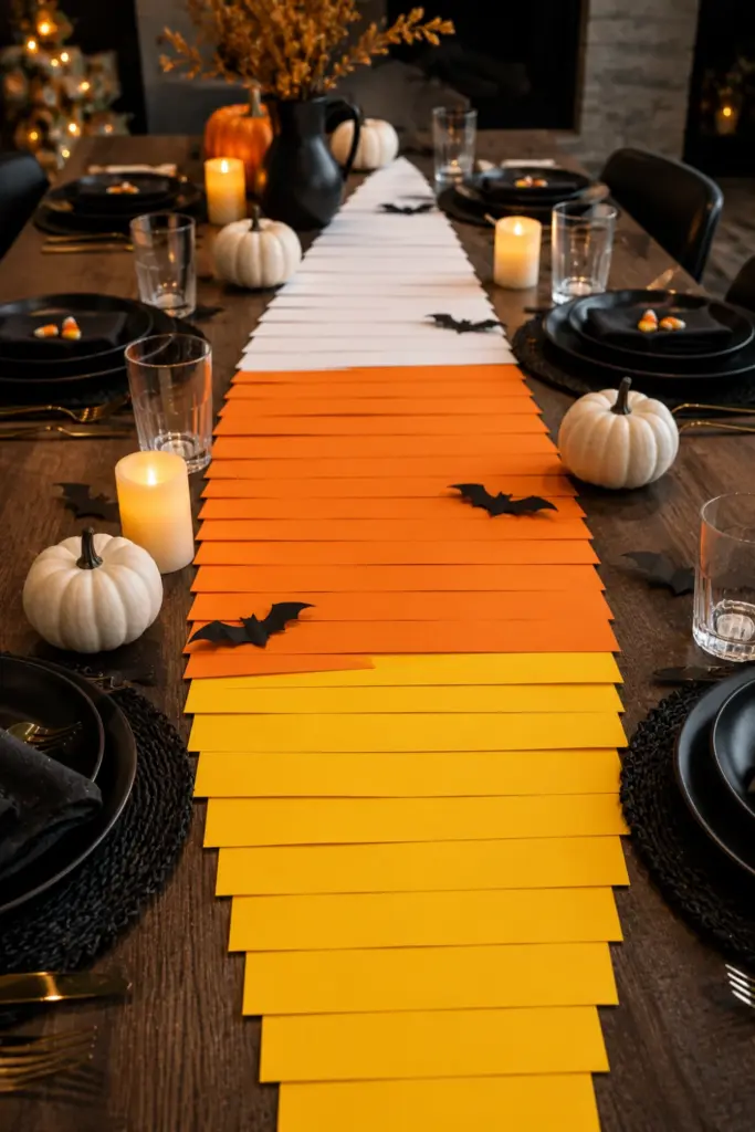 Colorful DIY candy corn paper table runner on a modern Halloween party table with black plates, pumpkins, candles, and stylish decor.