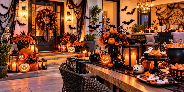 Easy Halloween party decorations design ideas with pumpkins, lanterns, bat decor, spiderwebs, candles, and a stylish festive party table setup
