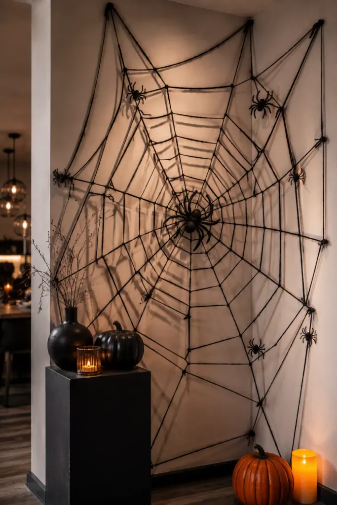 DIY Halloween yarn spider webs stretched across a modern room corner with realistic black spiders and warm ambient lighting.