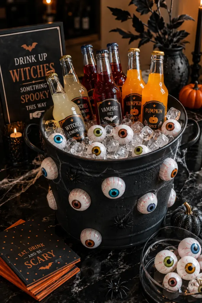 Playful Halloween eyeball ice bucket filled with ice and bottled drinks on a stylish modern party beverage station with spooky accents.