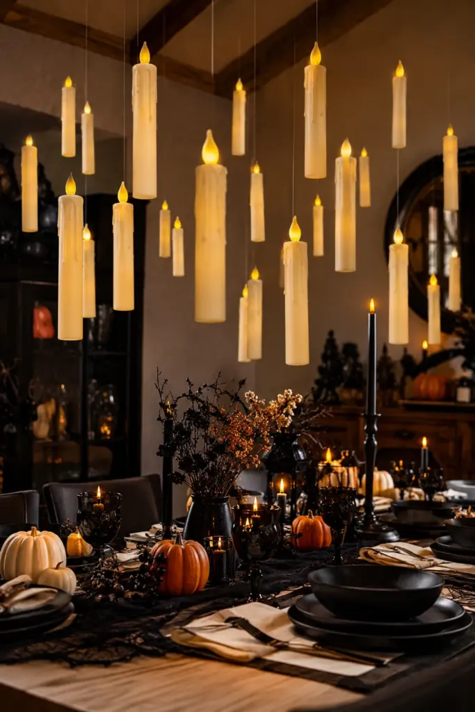 Elegant floating candle chandelier above a Halloween dining table with warm LED candles, black decor, pumpkins and magical contemporary styling.