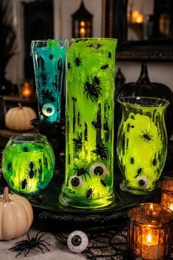 Creative Halloween glow-in-the-dark slime vases filled with neon green goo, creepy crawlers, LED lights, and modern party styling.