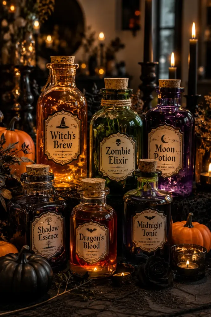 Glowing Halloween apothecary jars filled with colorful potion liquid, vintage labels, twine, and warm LED lighting on a modern party table.
