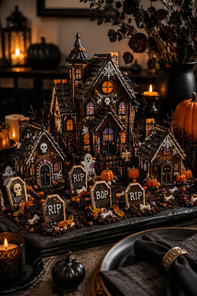 Detailed Halloween gingerbread haunted house graveyard centerpiece with cookie tombstones, chocolate crumb soil, candy bones, and warm party lighting.