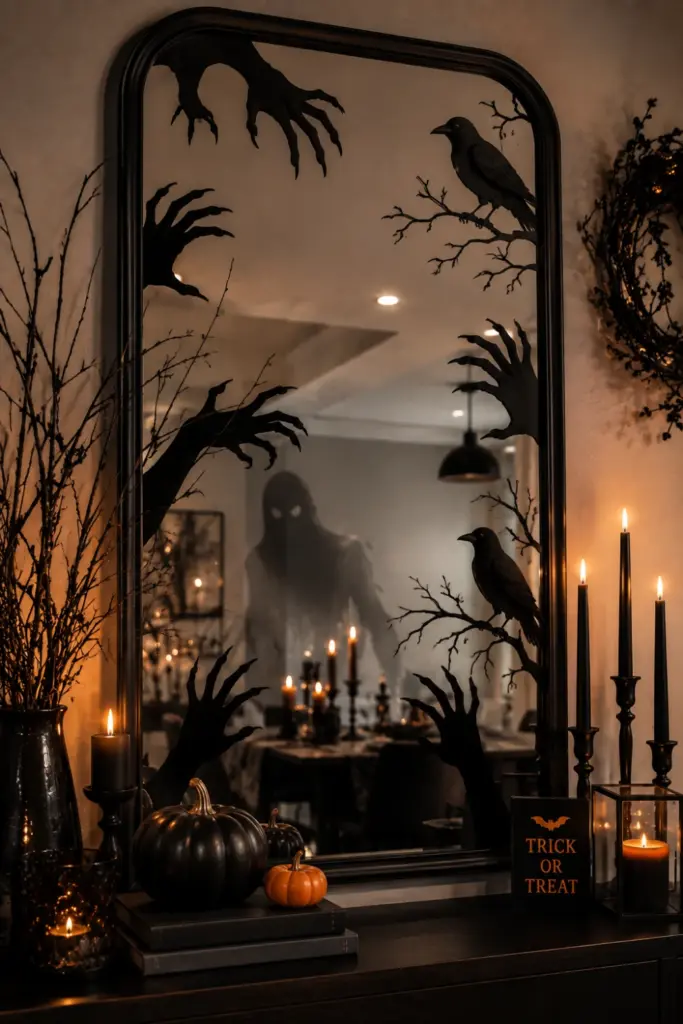 Haunted Halloween mirror with black ghostly silhouettes on the glass, warm candlelight, and elegant modern gothic party styling.