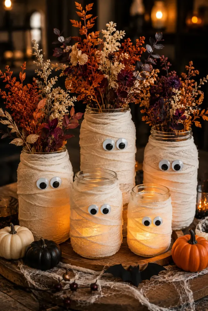 DIY mummy mason jars wrapped in gauze with googly eyes, autumn flowers and warm LED candles on a modern Halloween table.