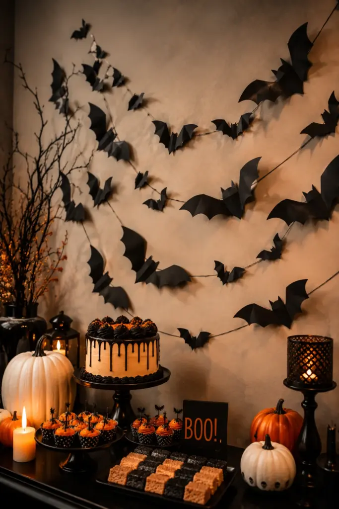 Modern Halloween paper bat garland arranged across a stylish wall above a decorated dessert table with pumpkins and warm lighting.