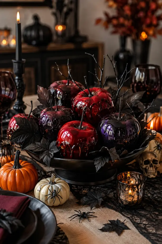Elegant Halloween poison apple centerpiece with glossy red and black apples, dark foliage, pumpkins, and gothic table styling.