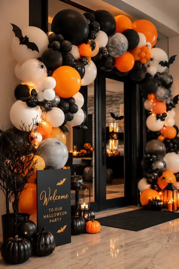 Spooky black orange and white Halloween balloon arch decorating a modern party entrance with pumpkins, bats, and warm accent lighting.