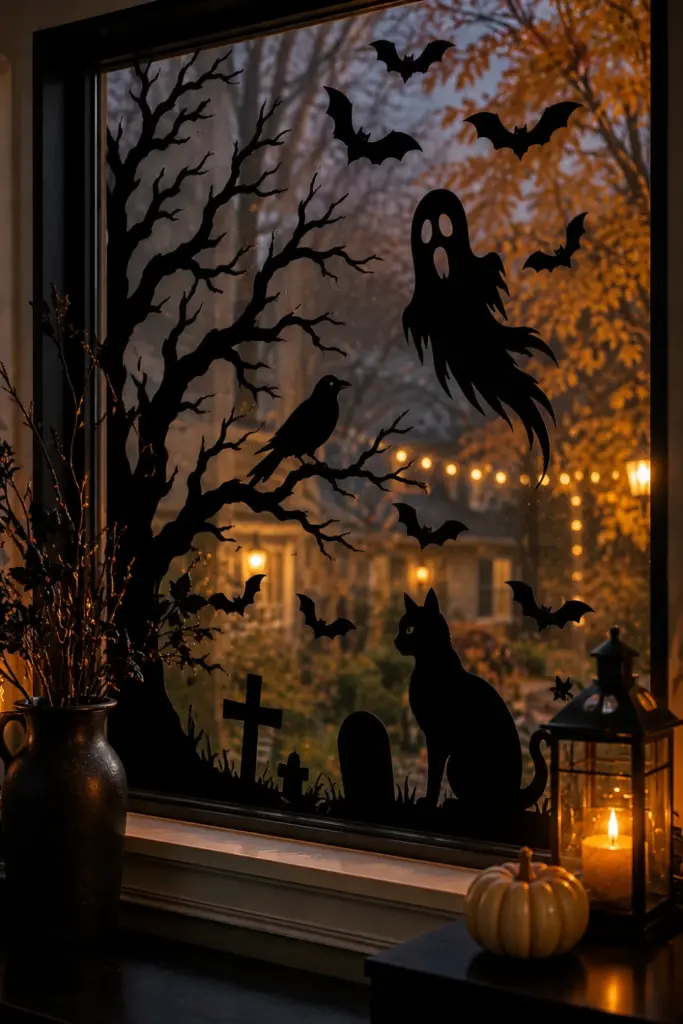 DIY Halloween window with black bat, ghost, raven and cat silhouettes creating a stylish spooky scene in a modern home.