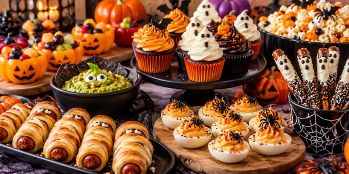Easy Halloween recipes for party ideas featuring spooky cupcakes, mummy treats, Halloween deviled eggs, ghost pretzels, fruit cups, and festive party snacks