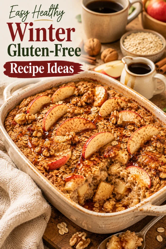 Cozy gluten-free apple cinnamon baked oatmeal with golden oats, fresh apples, cinnamon, and walnuts in a warm, colorful winter Pinterest breakfast setup.