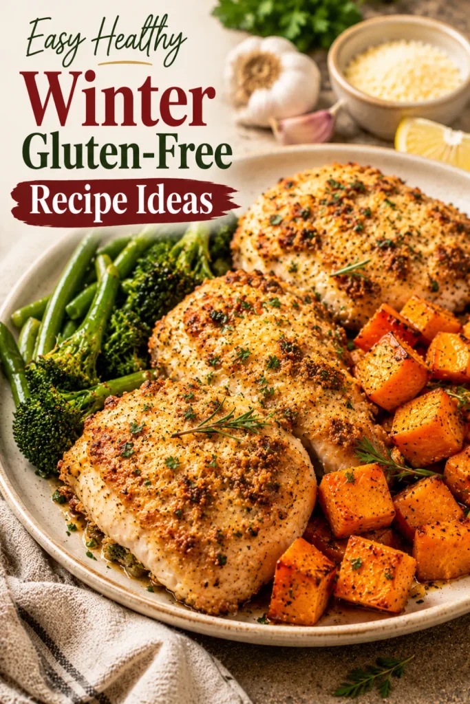 Baked garlic Parmesan chicken with golden roasted sweet potatoes and green vegetables in a warm, colorful winter Pinterest recipe setup.