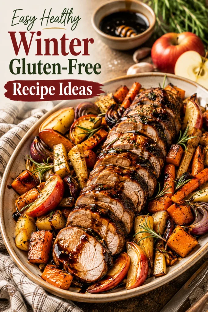 Balsamic pork tenderloin with roasted apples, carrots, parsnips, and sweet potatoes in a colorful modern gluten-free winter Pinterest food presentation.