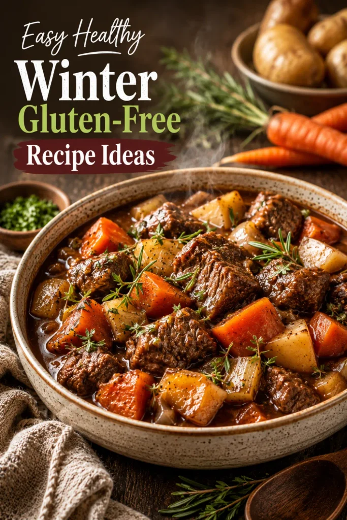 Gluten-free beef and vegetable stew with tender beef, carrots, potatoes, herbs, and rich broth styled for a colorful winter Pinterest food pin.