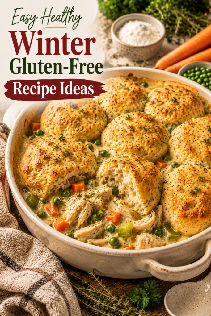 Gluten-free chicken pot pie with creamy chicken and vegetable filling topped with golden herb biscuits in a cozy modern winter Pinterest setup.