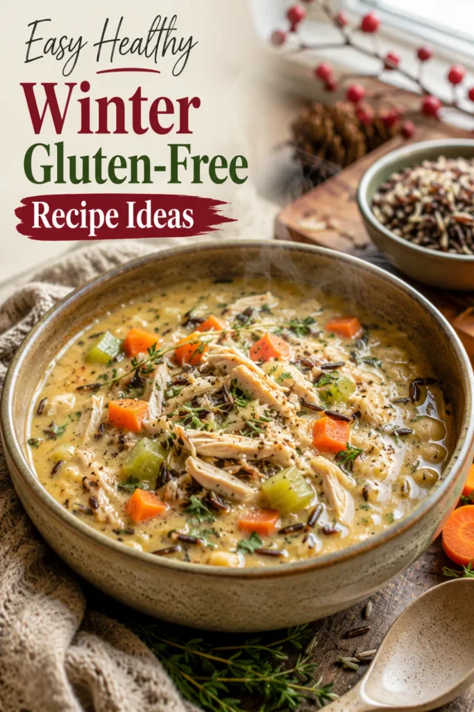 Creamy gluten-free chicken and wild rice soup with tender chicken, vegetables, herbs, and a warm winter Pinterest food presentation.