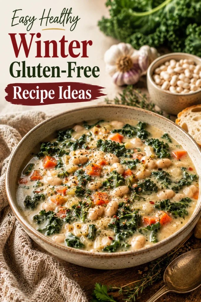 Creamy Tuscan white bean and kale soup with white beans, tender kale, carrots, garlic, herbs, and creamy broth in a colorful winter Pinterest food setup.