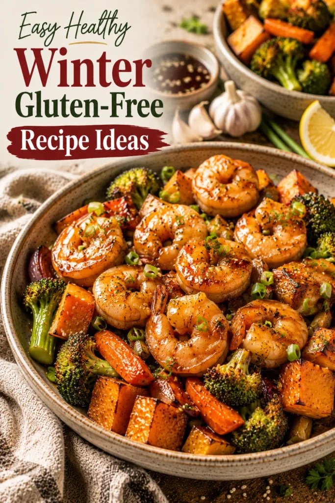 Honey garlic shrimp with roasted carrots, broccoli, and sweet potato, coated in a glossy gluten-free sauce and styled as a colorful winter Pinterest recipe.