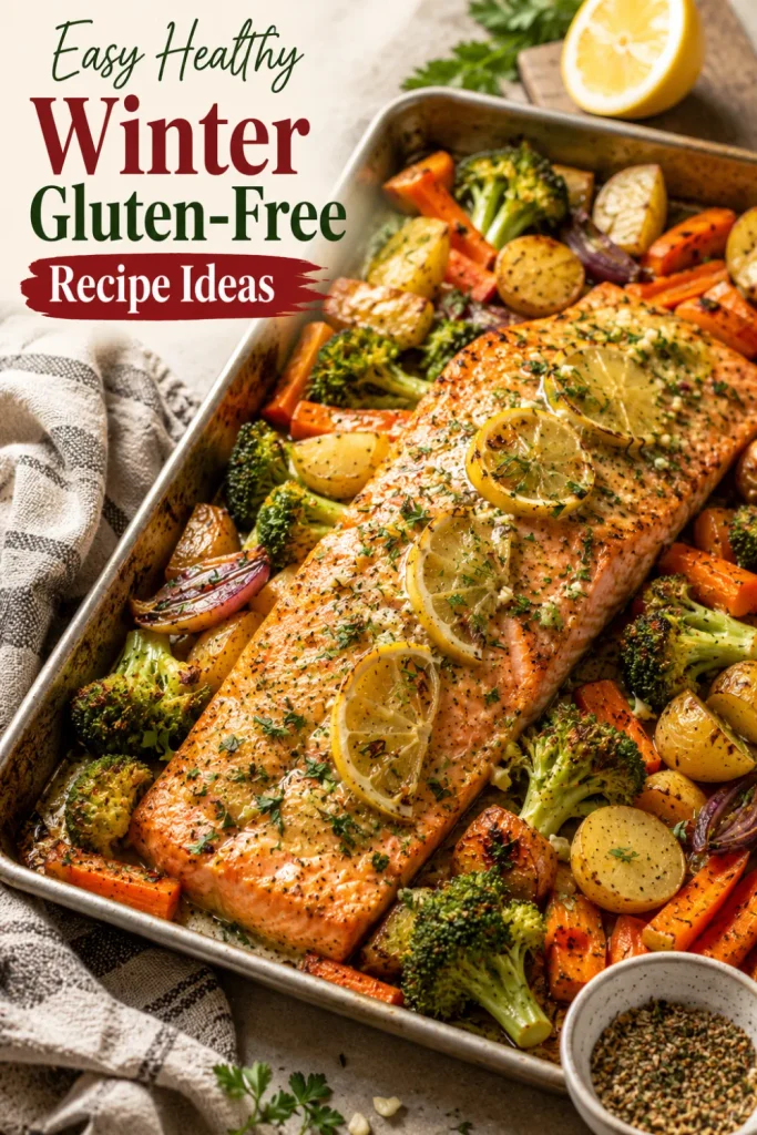 One-pan lemon garlic salmon with roasted winter vegetables, colorful carrots, broccoli, potatoes, and fresh lemon in a modern Pinterest setup.