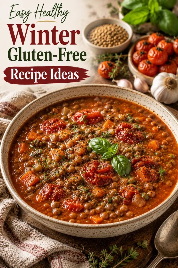 Gluten-free lentil and roasted tomato soup with tender lentils, roasted tomatoes, herbs, garlic, and rich savory broth in a modern winter Pinterest setup.