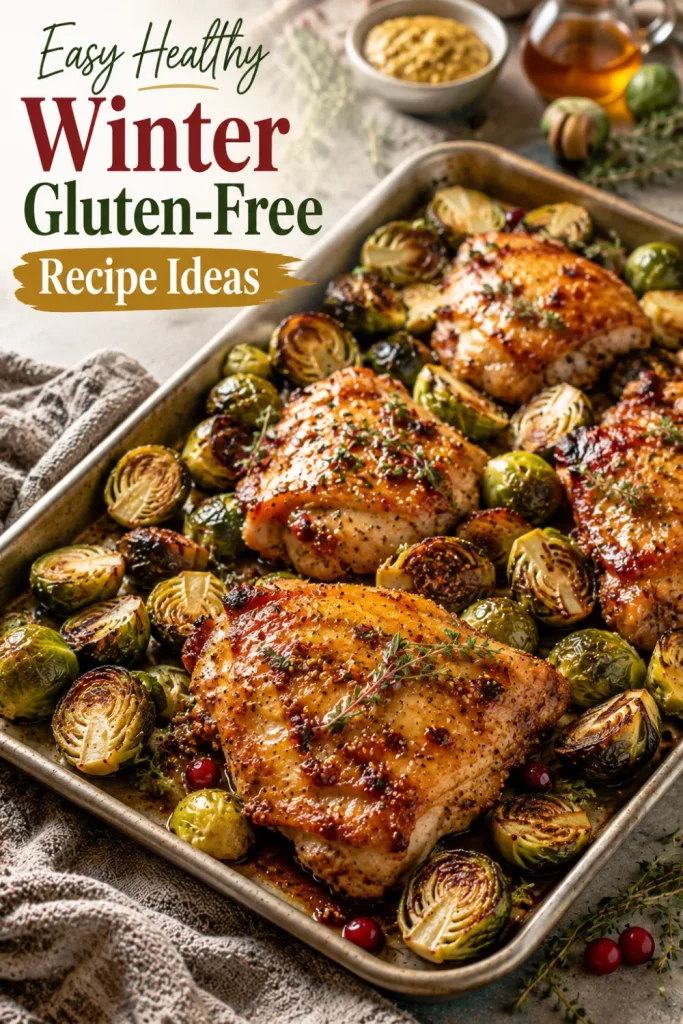 Maple-dijon roasted chicken with caramelized Brussels sprouts and a glossy sweet-savory glaze in a modern winter Pinterest food scene.