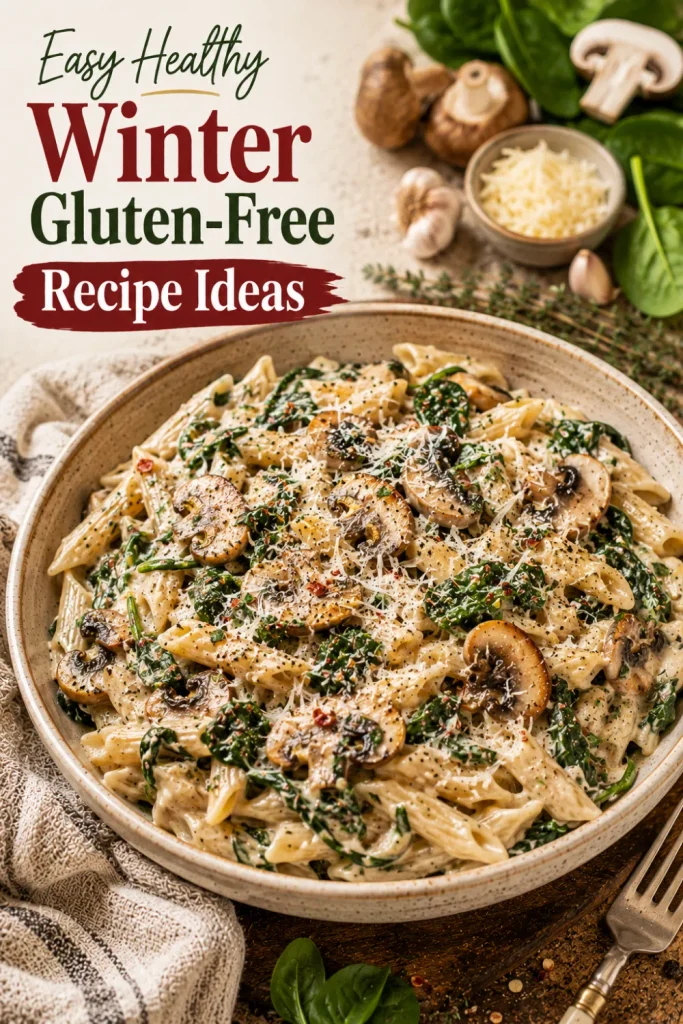 One-pot creamy gluten-free mushroom and spinach pasta with garlic, herbs, Parmesan, and silky sauce in a modern winter Pinterest food setup.