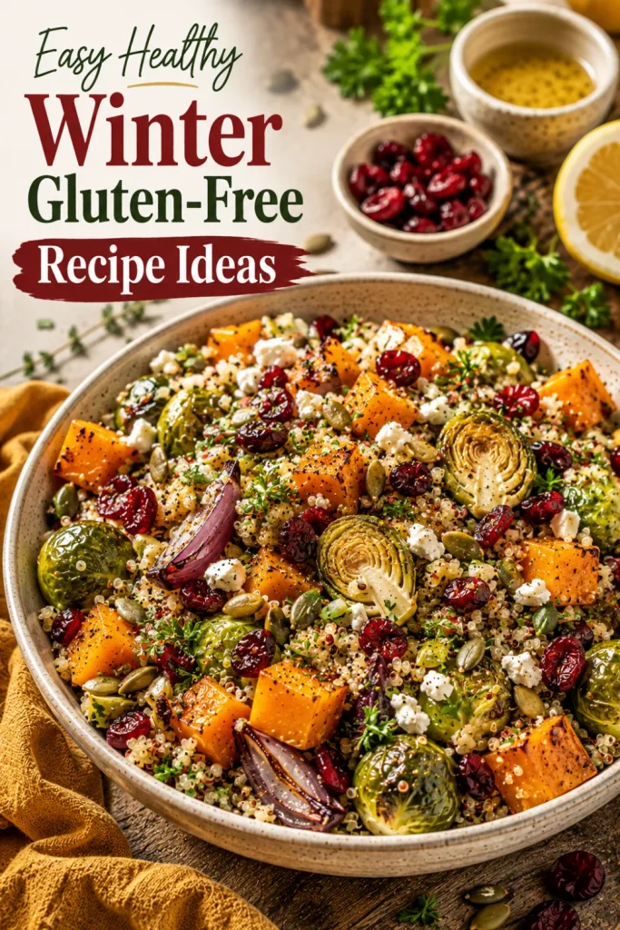 Warm quinoa bowl with roasted winter vegetables, dried cranberries, pumpkin seeds, and herbs in a colorful gluten-free winter Pinterest food presentation.