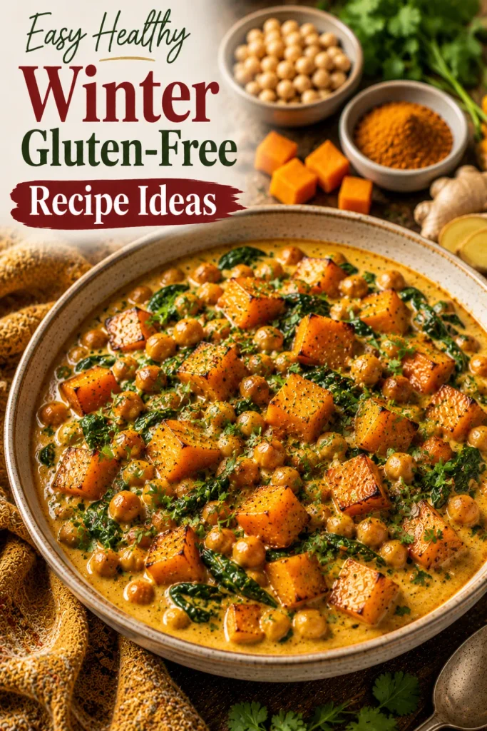Creamy roasted butternut squash and chickpea curry with coconut milk, spinach, ginger and warming spices in a colorful winter Pinterest food setup.