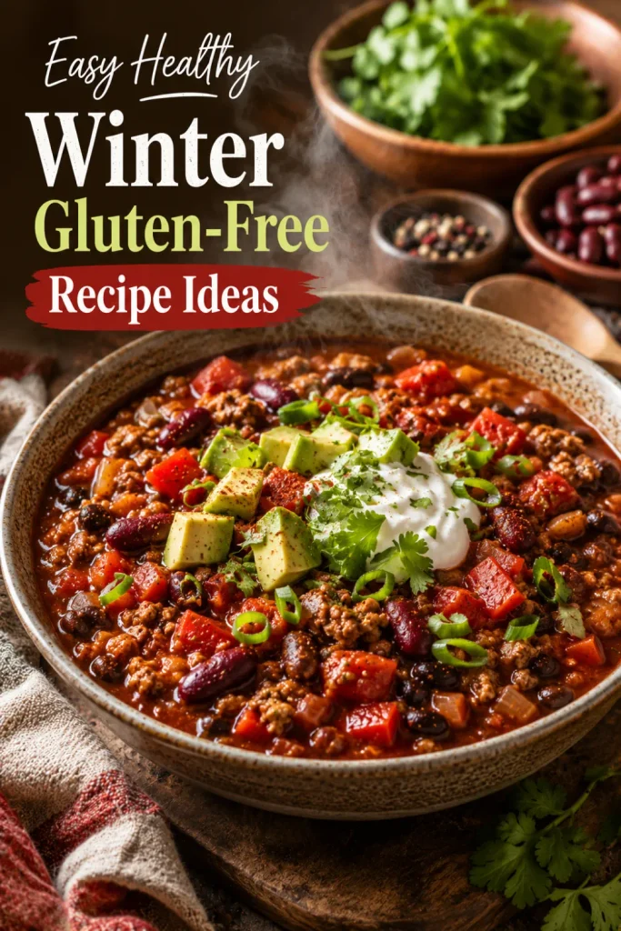 Cozy gluten-free turkey chili with lean turkey, beans, tomatoes, peppers, herbs, and winter toppings in a colorful Pinterest food setup.