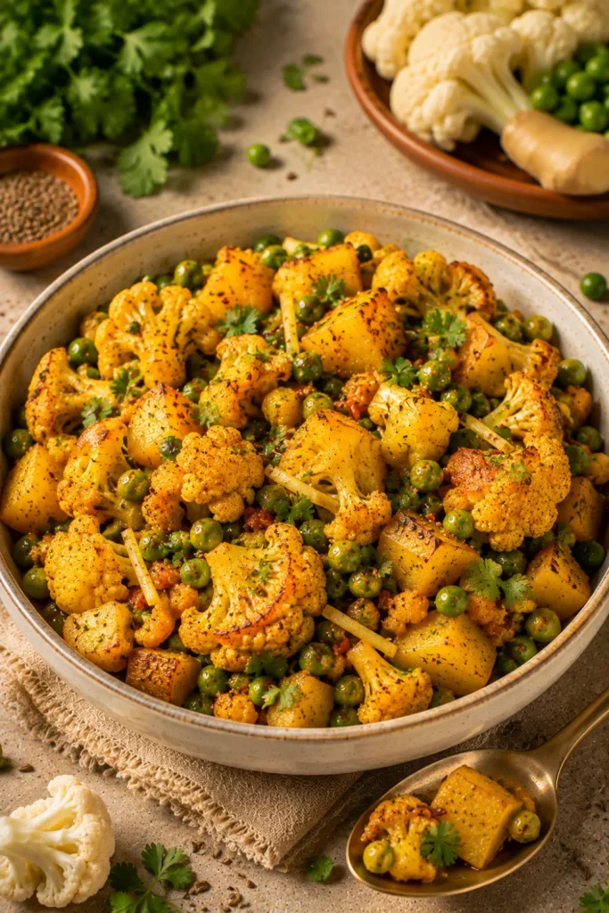 Easy Healthy Winter Indian Dinner Recipe Ideas featuring golden aloo gobi with cauliflower, potatoes, green peas, turmeric, cumin, and fresh coriander.