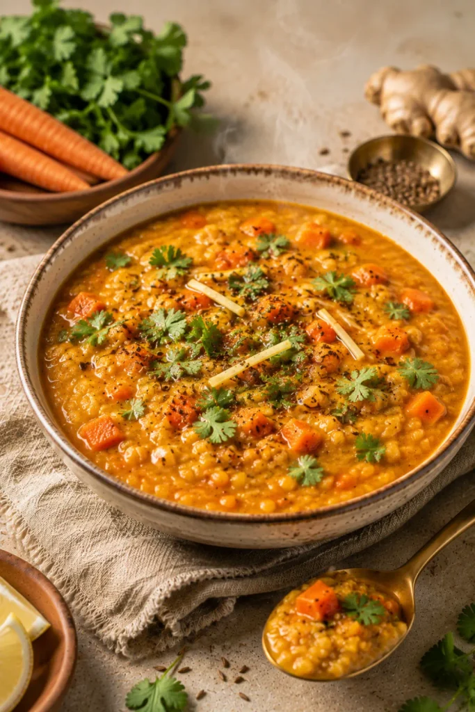 Easy Healthy Winter Indian Dinner Recipe Ideas featuring creamy carrot ginger dal with tender lentils, sweet carrots, fresh ginger, cumin, and coriander.