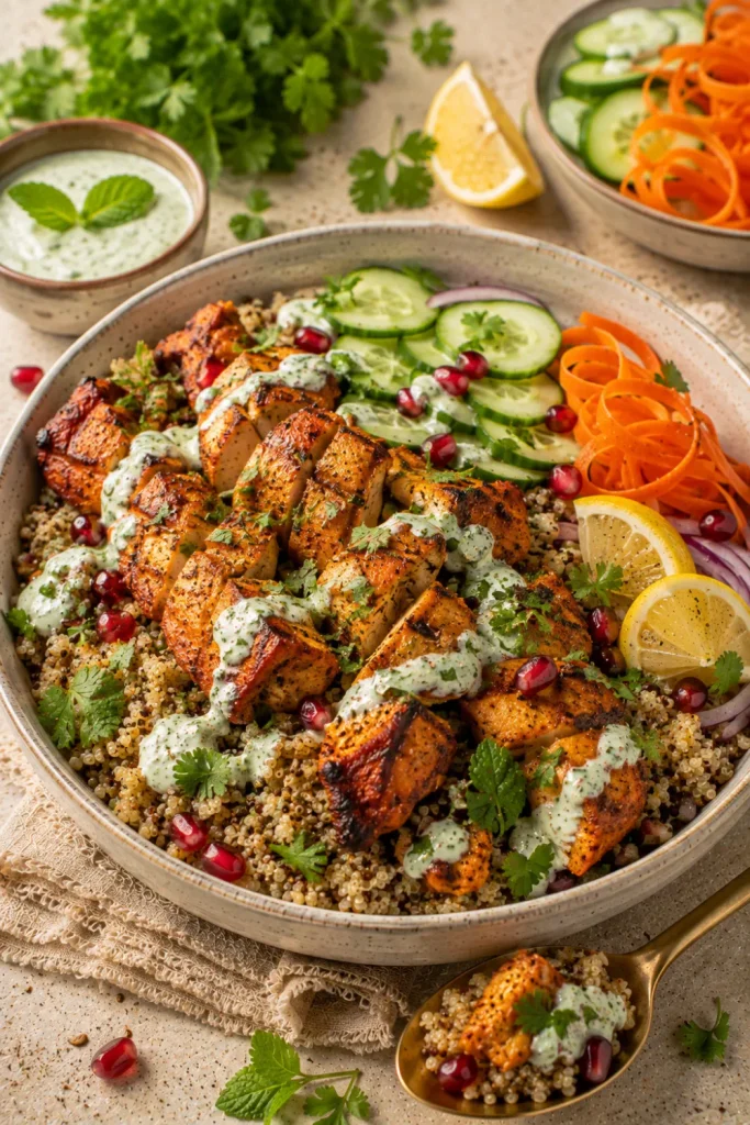 Easy Healthy Winter Indian Dinner Recipe Ideas featuring a colorful chicken tikka quinoa bowl with spiced chicken, quinoa, cucumber, carrots, herbs, and yogurt sauce.